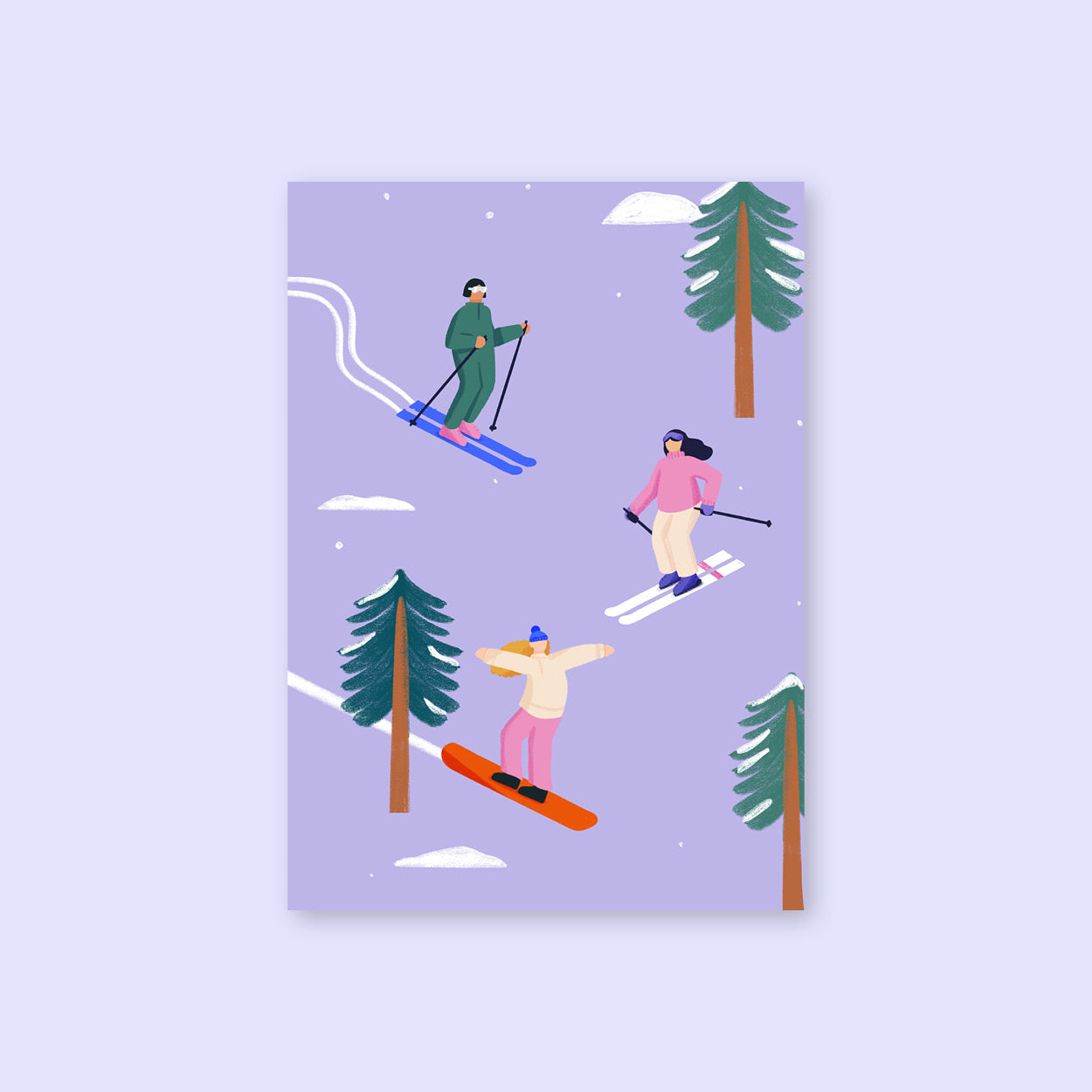 ski-girls-postkarte-illustriert-svea-hansohn-lila-concept-store-dazwischen