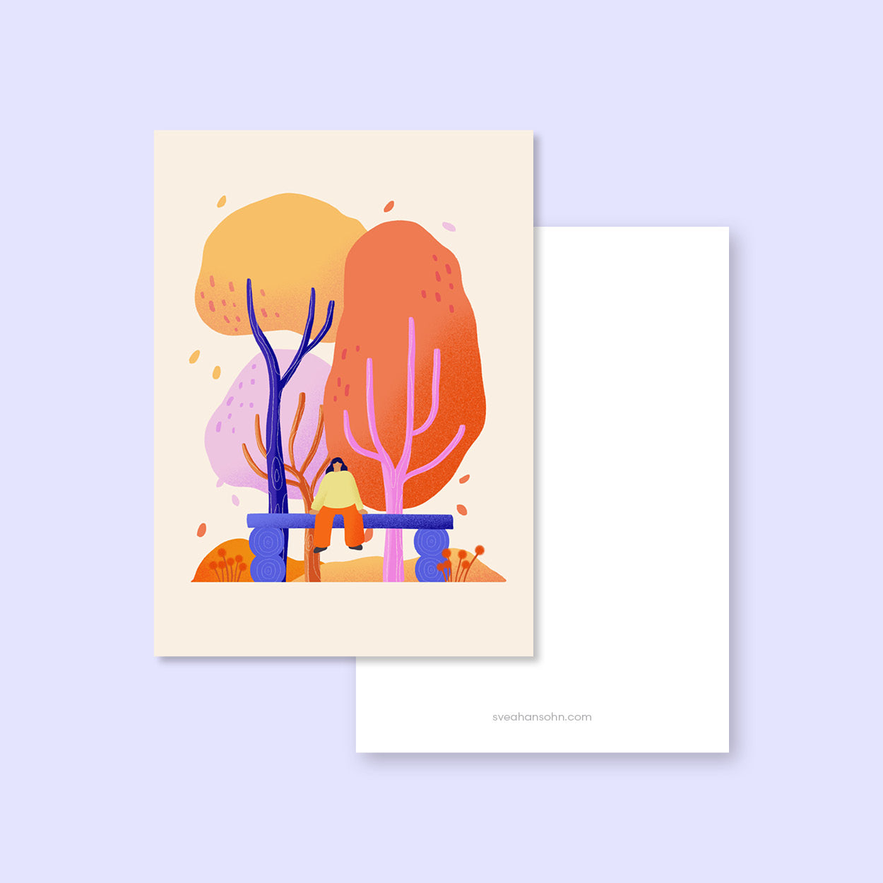 illustrierte-frau-sitzt-unter-herbstlichen-baeumen-postkarte-svea-hansohn-freiburg