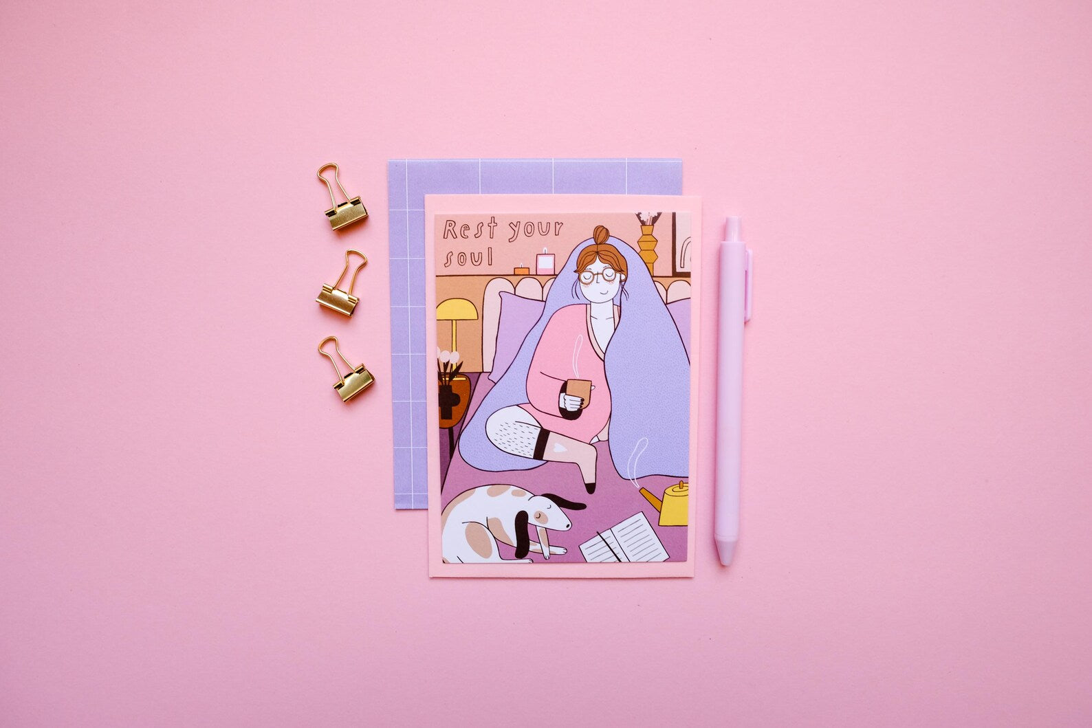 rest-your-soul-postkarte-pink-lila-von-notietzblock-fuer-frauen