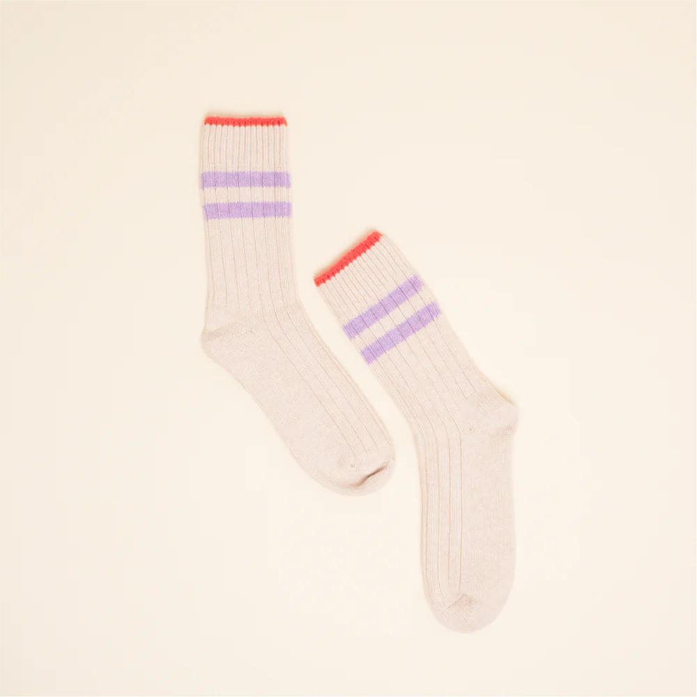 Stricksocken in Ecru mit Streifen Lila/Orange I Popeia
